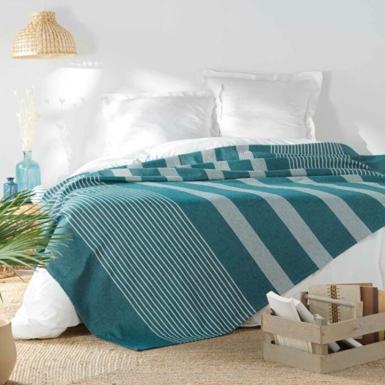 Couvre lit 1 personne 180 x 220 cm coton/polyester tisse adele Bleu