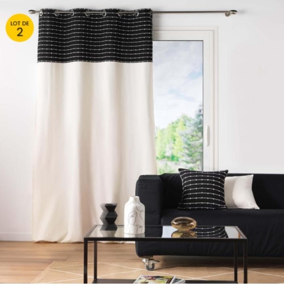 Lot de 2  Rideaux tamisant 140 x 240 cm coton recyclé + fils coupés Linechic Noir