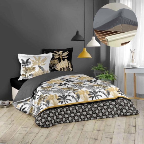 Ensemble parure de couette 260x240 cm Karaba + drap housse 160x200 Gris