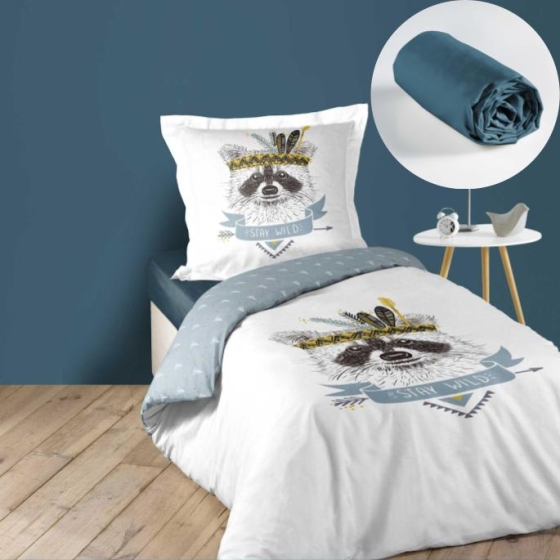 Pack parure de couette enfant 140x200 cm Filou + drap housse 90x190 Bleu