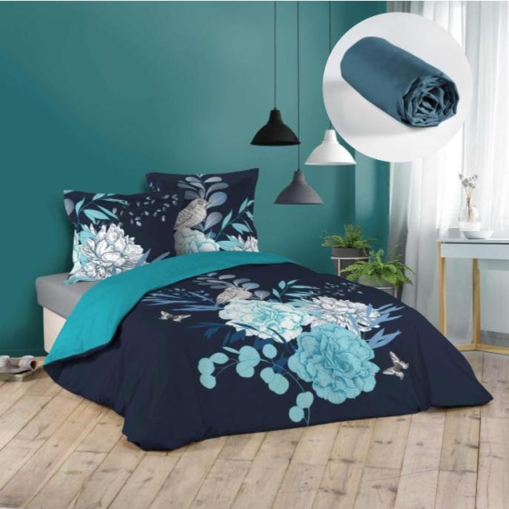 Pack housse de couette 220x240 cm Siffloti + drap housse 140x190 Bleu