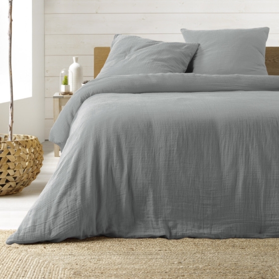 Parure de lit 260 x 240 cm double gaze coton uni 57 fils Angelia gris