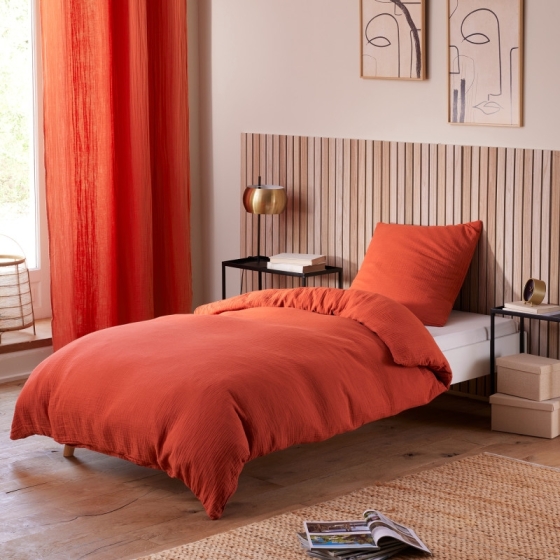 Pack Housse de couette 140 x 200 cm Gaze de coton + drap housse 90x190 Orange