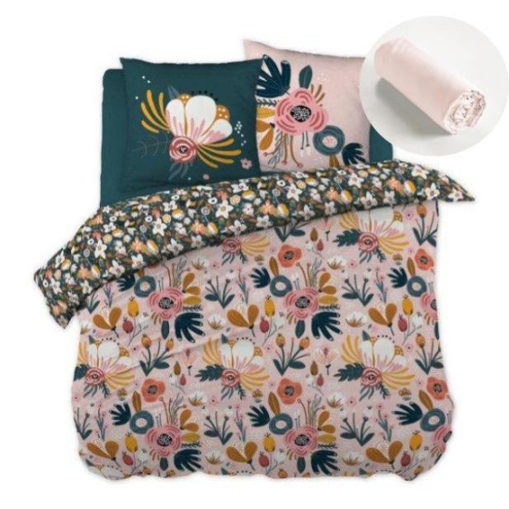 Pack housse de couette 260x240 cm Champêtre + drap housse 160x200 Rose