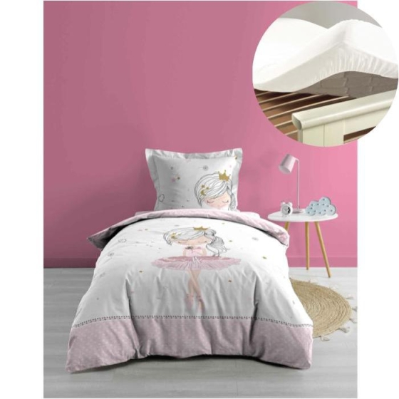 Pack parure de couette enfant 140x200 cm Pte étoile + drap housse 90x190 Blanc