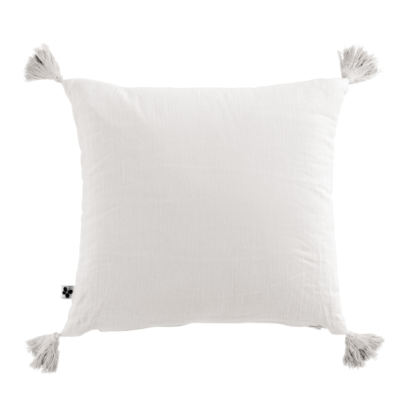Coussin déhoussable avec pompons gaze de coton 40 x 40 cm chantilly Blanc