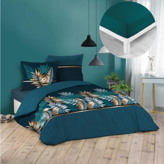 Ensemble parure de couette 260x240 cm Alianor + drap housse 160x200 Pétrole
