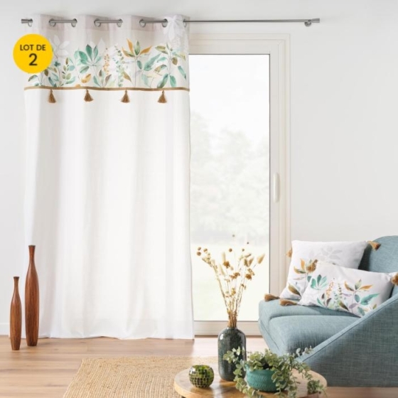 Lot de 2 Rideaux tamisant a œillets 140 x 240 cm poly coton + Pompons Dilaris