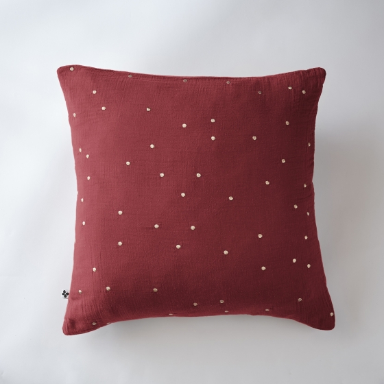Taie d'oreiller gaze de coton brodée fil or 60 x 60 cm Gaia Chic Lie de vin