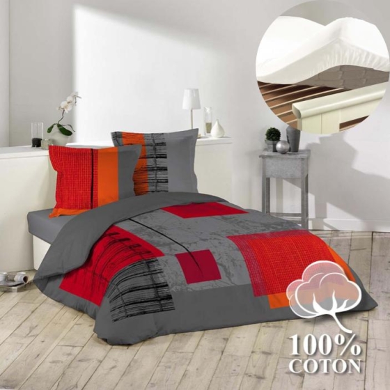 Pack housse de couette 220x240 cm Quadro + drap housse 140x190x30 Blanc