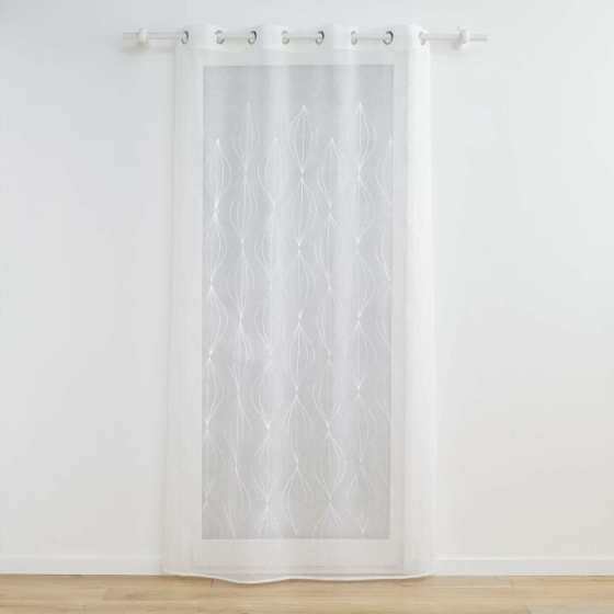 Voilage grande hauteur a oeillets 140 x 280 cm voile sablé brodé Galactee Blanc
