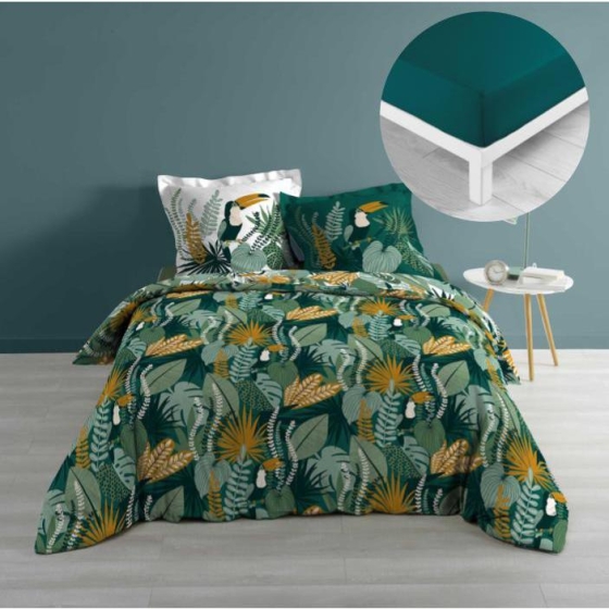 Pack housse de couette 220x240 cm Brazilia + drap housse 140x190 Pétrole