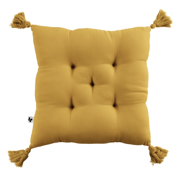 Assise matelassée 5 points avec pompons gaze de coton 40 x 40 cm safran Jaune