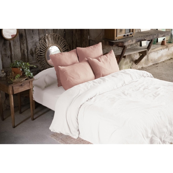 Housse de couette double gaze de coton Bio 240x220 cm 4 taies Blanc/Rose