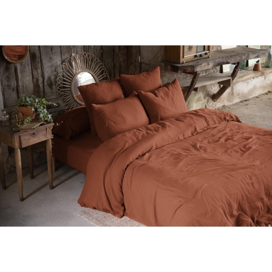 Pack double gaze de coton housse de couette 240 x 220 cm + 2 taies d'oreiller 60 x 60 orange Orange