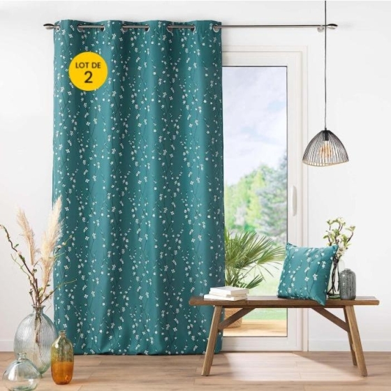Lot de 2 Rideaux a oeillets 140 x 260 cm polyester appliqué Sakura Emeraude