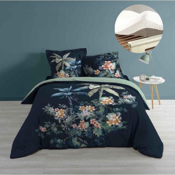 Pack housse de couette 220x240 cm Midnight + drap housse 140x190 Blanc