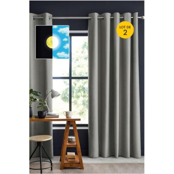 Lot de 2 Rideaux 100% occultant luxe 140 x 260 cm Obscure Gris clair