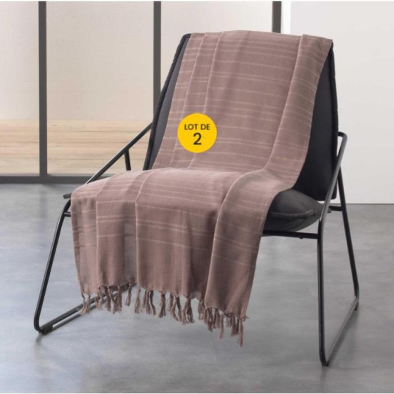 Lot de 2 Jetés de canapé a franges 220 x 240 cm coton tissé Lilia Taupe