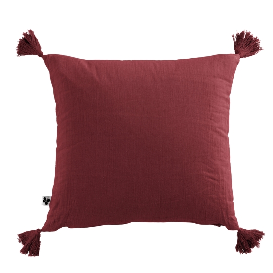 Coussin déhoussable avec pompons gaze de coton 40 x 40 cm gaia lie de vin Bordeaux