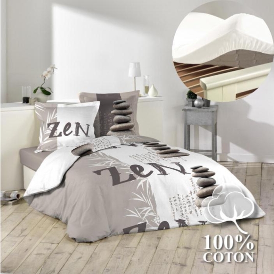Pack housse de couette 220x240 cm Galets + drap housse 140x190 Blanc