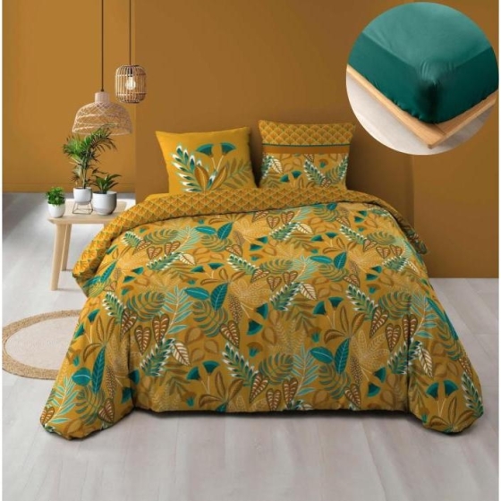 Pack parure de couette 220 x 240 cm Tilda + drap housse (140) Emeraude