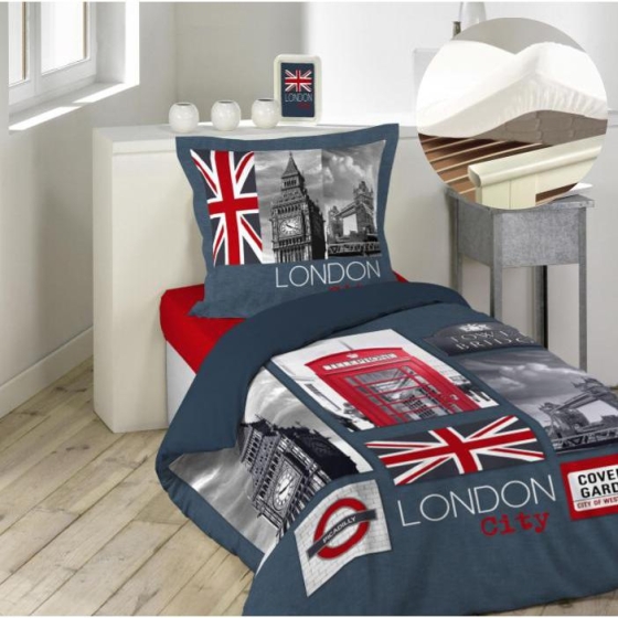 Pack parure de couette enfant 140x200 cm City London + drap housse 90x190 Blanc