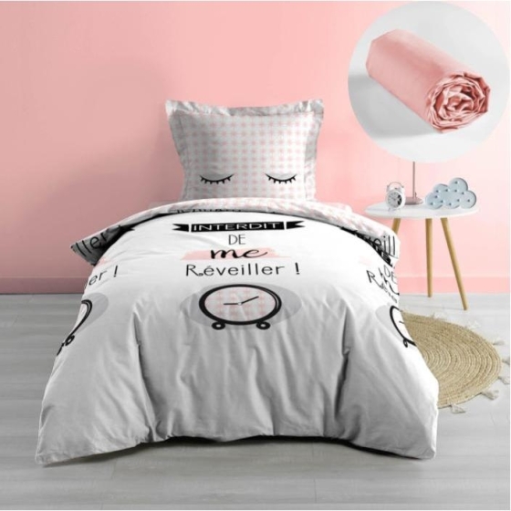 Pack parure de couette enfant Dring 140 x 200 cm + drap housse 90 x 190 x 30 Rose