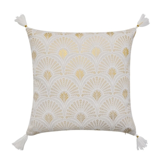 Coussin déhoussable avec pompons 45 x 45 cm – Polycoton imprimé métallisé Layoa