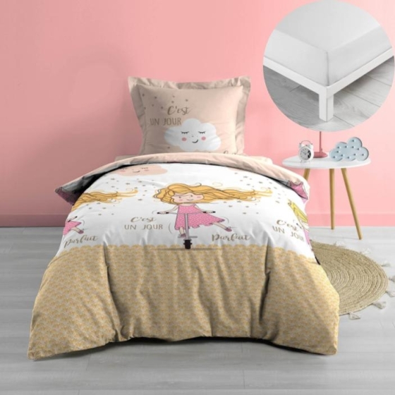 Pack parure de couette enfant Trotti 140 x 200 cm + drap housse 90 x 190 x 30 Blanc