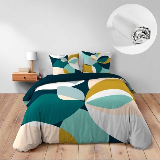 Pack Housse de Couette 240 x 220 cm en Coton + 2 Taies et Drap Housse Blanc 140x190 cm