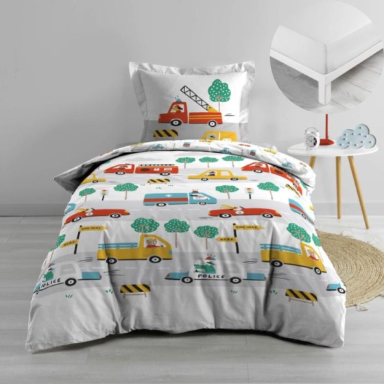 Pack parure de couette enfant 140x200 cm Voiture + drap housse 90 x 190 x 30 Blanc