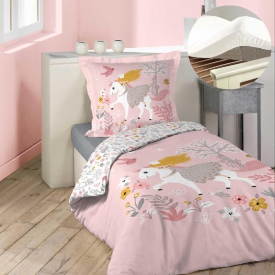 Pack parure de couette enfant 140x200 cm Fée des bois + drap housse 90x190 Blanc