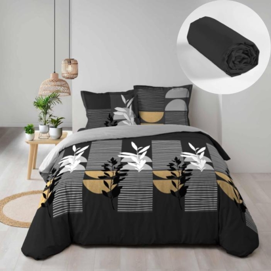 Pack parure de couette 240 x 220 cm Asior + drap housse 140 x 190 x 30 Noir