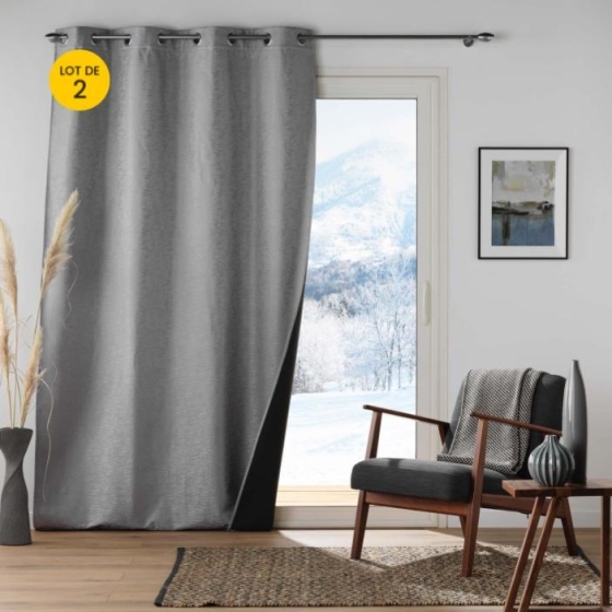 Lot de 2 Rideaux  à oeillets coupe froid 140 x 260 cm jacquard Polarine Gris