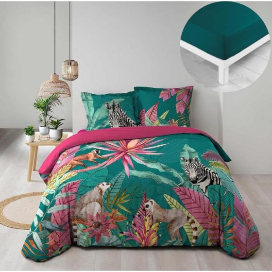 Pack housse de couette 220x240 cm Désirade + drap housse 140x190x30 Pétrole
