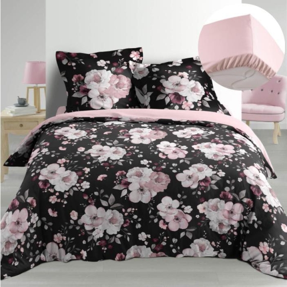 Pack Housse de couette  220x240 cm Percale luxe Flower noir + drap housse 140x190 Rose