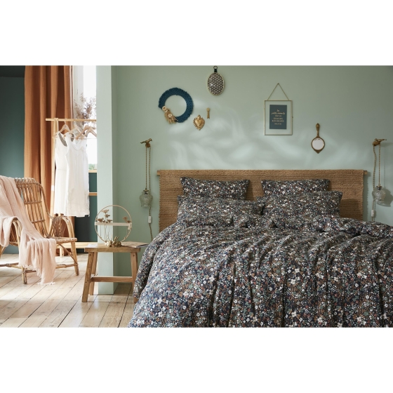 Housse de couette 260 x 240 cm double gaze de coton imprimée Capucine Bleu foncé