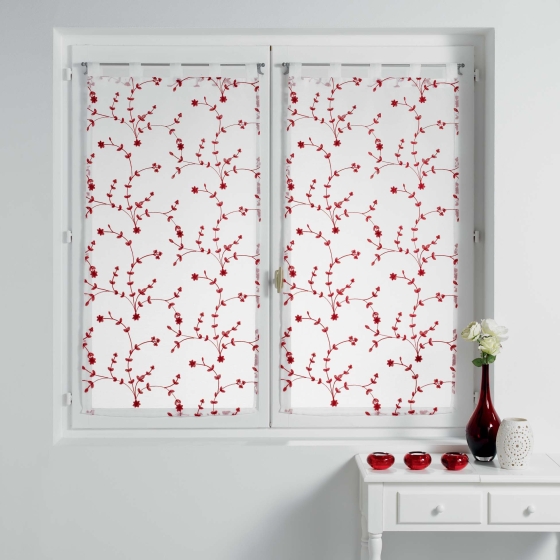 Paire droite passants 2 x 60 x 90 cm voile sable brode petite fleur Blanc/Rouge