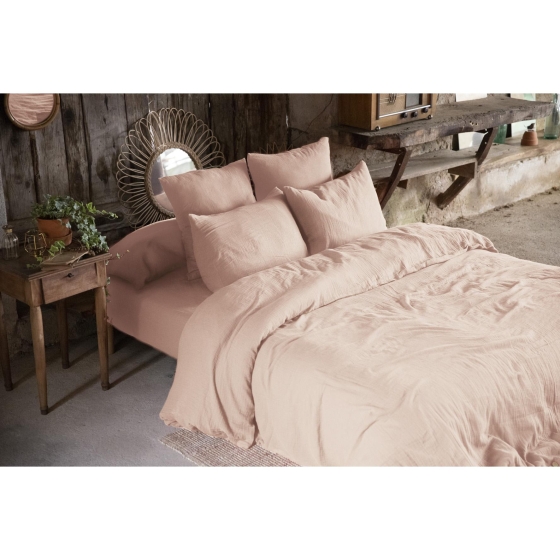 Pack gaze de coton parure de couette 220x240 cm + drap housse 140x190 + 2 taies 60x60  Rose