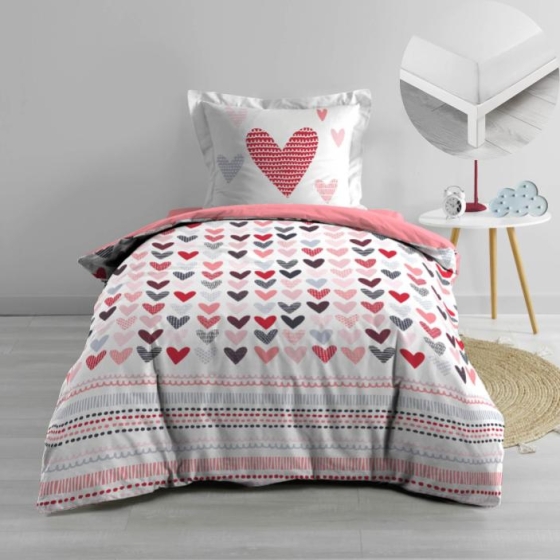 Pack parure de couette enfant 140x200 cm Lolove + drap housse 90 x 190 x 30 Blanc