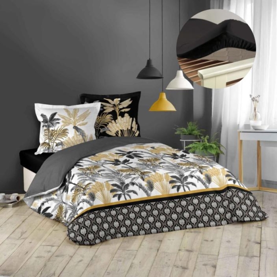 Pack housse de couette 220x240 cm Karaba + drap housse 140x190 Noir
