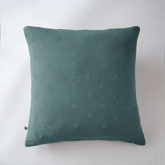 Taie d'oreiller brodée en gaze de coton 60 x 60 cm Gaïa Boho Bleu canard