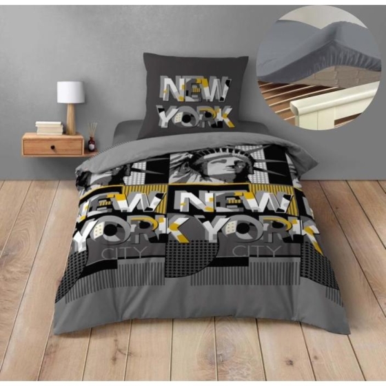 Pack housse de couette enfant 140 x 200 cm Big city + drap housse 90 x 190 Gris