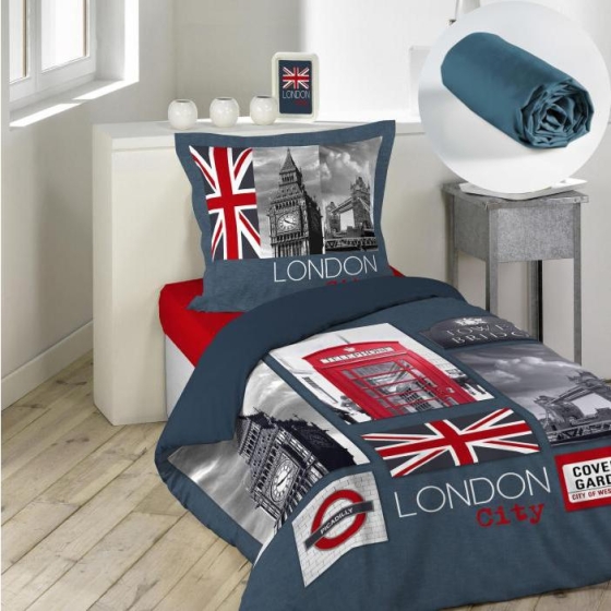 Pack parure de couette enfant 140x200 cm London + drap housse 90x190 Bleu
