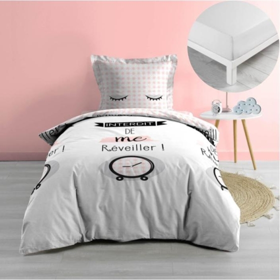 Pack parure de couette enfant Dring 140 x 200 cm + drap housse 90 x 190 x 30 Blanc