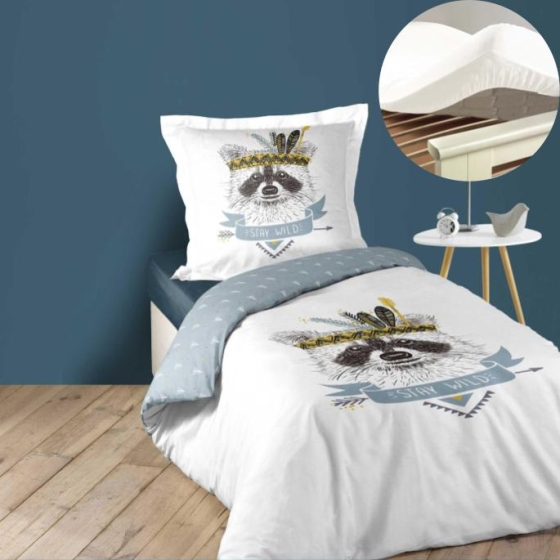 Pack parure de couette enfant 140x200 cm Filou + drap housse 90x190 Blanc
