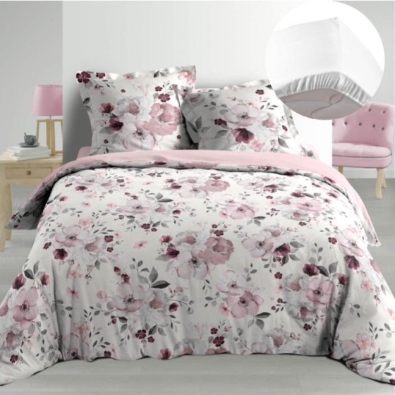 Pack Housse de couette Percale luxe 220x240 cm  Flower Blanc + drap housse 140x190 Blanc