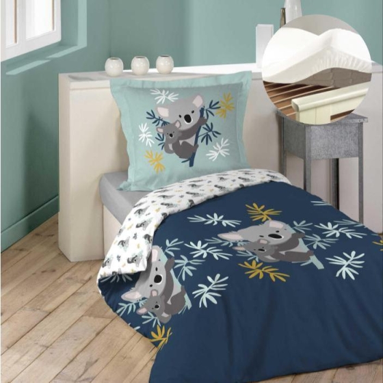 Pack parure de couette enfant 140x200 cm Koala + drap housse 90x190 Blanc