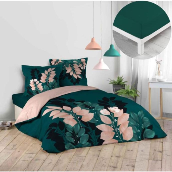 Pack parure de couette 240 x 220 cm Belline + drap housse 140 x 190 x 30 Pétrole